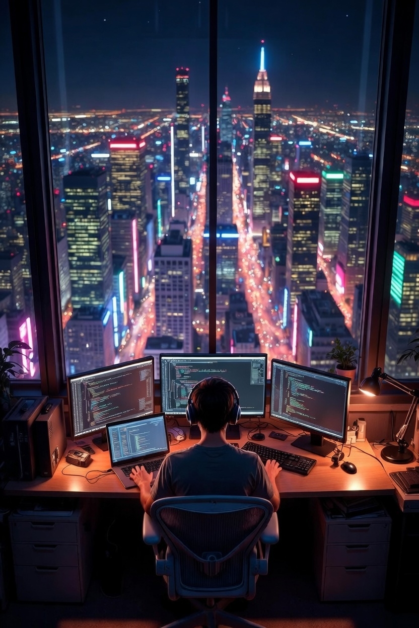 Web developer working on multiple computer in his skyscraper office overlooking neon skyline